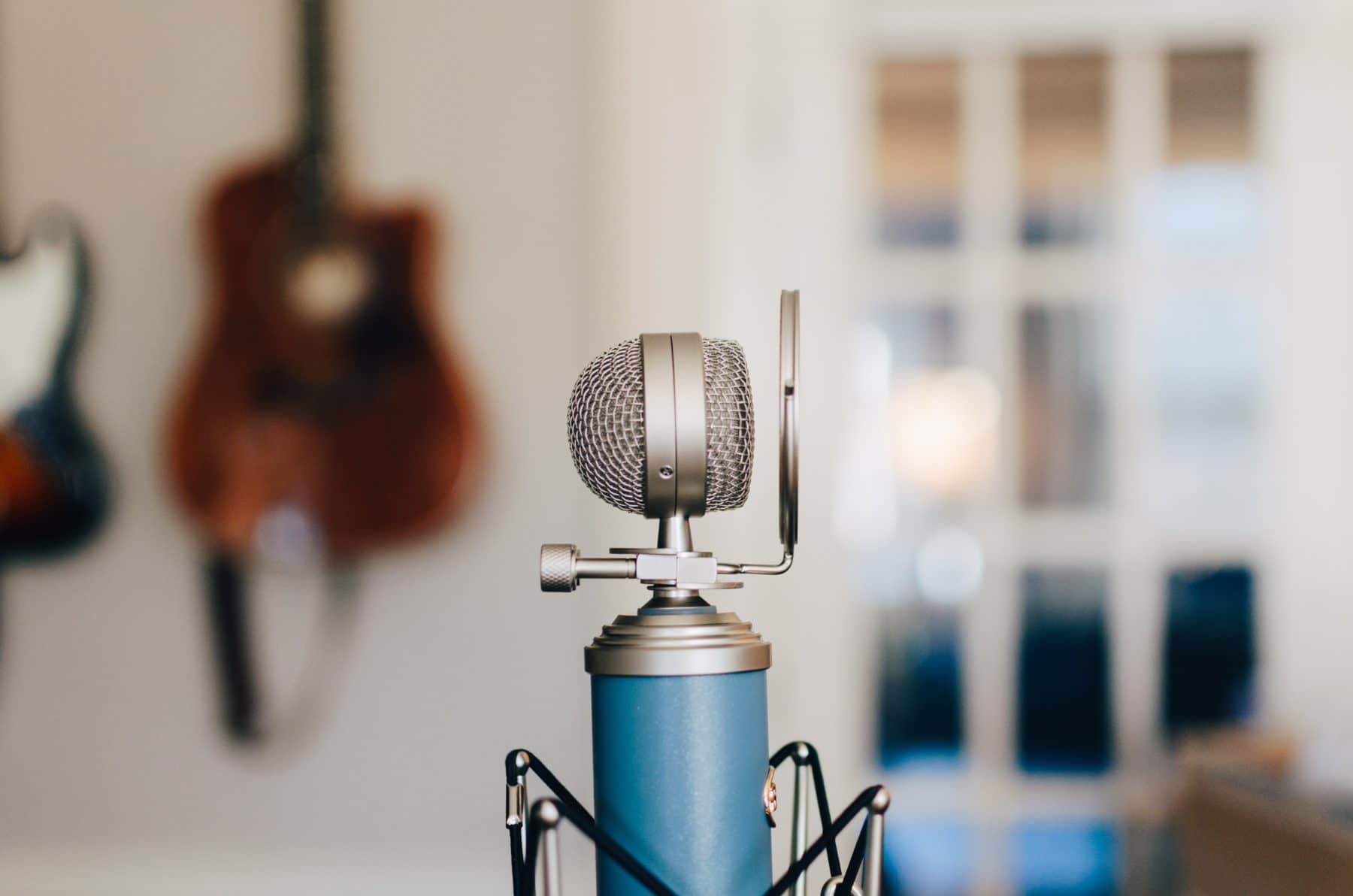 A singing microphone with guitars in the background