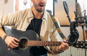Man practicing singing at home